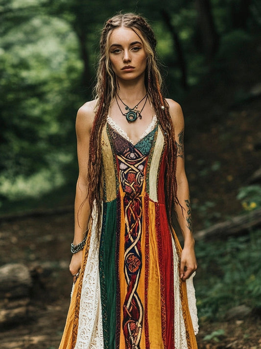 Boho Vintage Totem Women's Linen Halter Dress artswardrobe