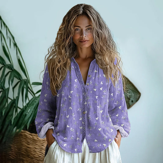 Vintage Purple  Floral Art  Linen Print  Long Sleeve Shirt artswardrobe
