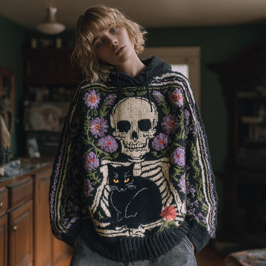 Women's Skull And Black Cat Knitted Jacquard Hooded Sweater artswardrobe
