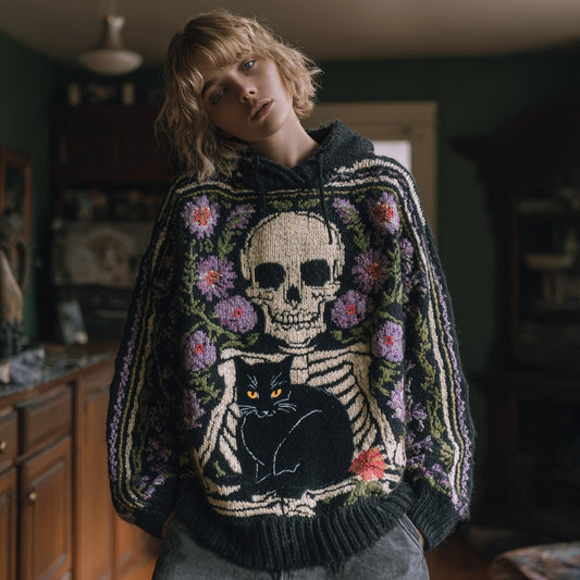 Comstylish Women's Skull And Black Cat Knitted Jacquard Hooded Sweater