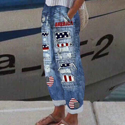 Women's Independence Day Print Vintage Linen Blend Casual Pants artswardrobe