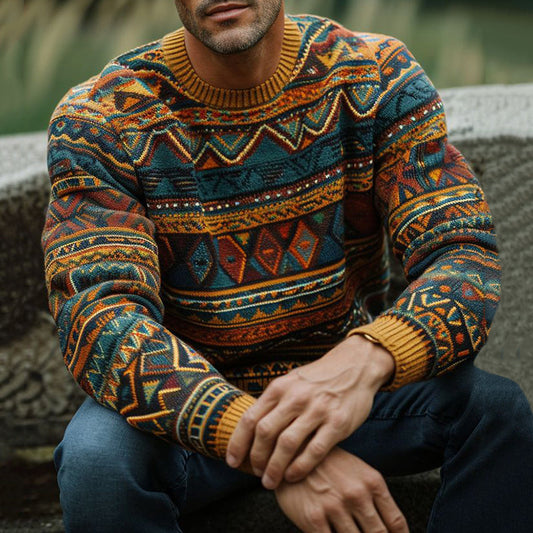 Men's Vintage Geometry Color Block Art Knitted Crew Neck Sweater elevenforest