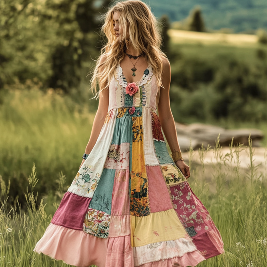 Women's Vintage Bohemian Floral Comfortable V Neck Dress artswardrobe