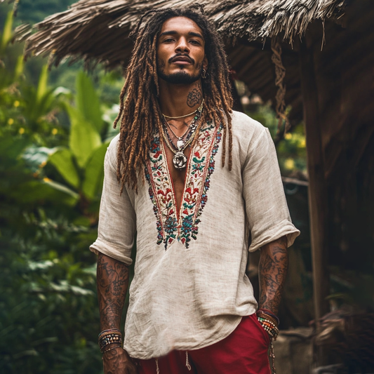 Men's Bohemian Holiday Style Linen Printed Casual Long Sleeve Tops artswardrobe