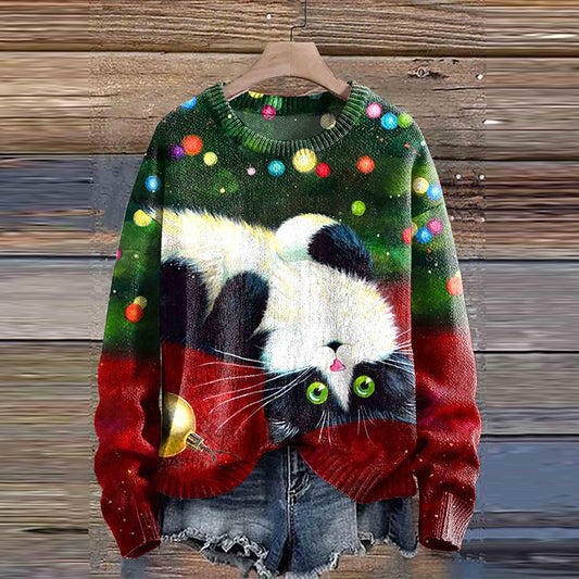 Comstylish Christmas Cat Print Cozy Knit Sweater