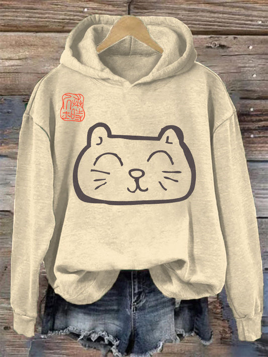 Japanese Art Cat Print Vintage Hoodie elevenforest