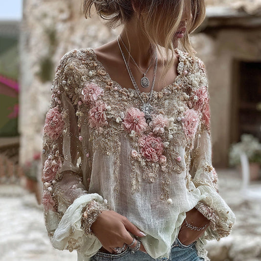 Women's Pink Rose Embroidery Art Round Neck Long Sleeve Linen Blend T-shirt artswardrobe