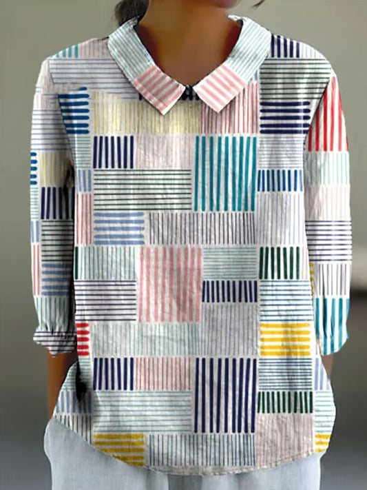 Comstylish Women's Abstract Geometric Line Art Print Design Lapel Shirt