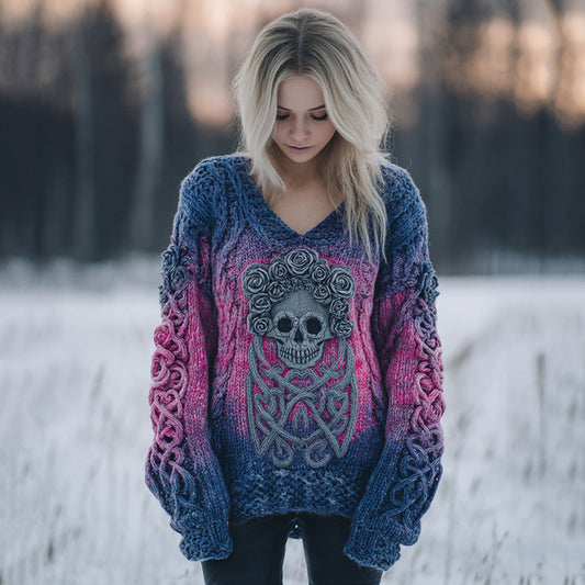 Women's Vintage Celtic Knot Skull Gradient V-neck Sweater elevenforest