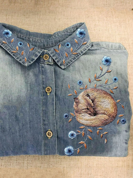 Forest Sleeping Fox Floral Embroidered Washed Denim Blouse artswardrobe