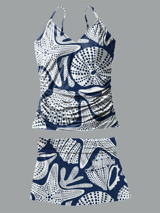 Starfish Scallops V-Neck Vintage Flowers Print Suspender Skirt Tankini Pantskirt Set Swimsuit