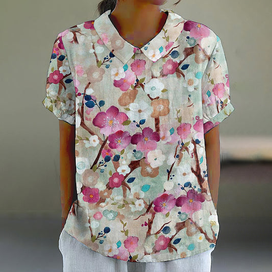 Comstylish Sakura Print Lapel Casual Blouse