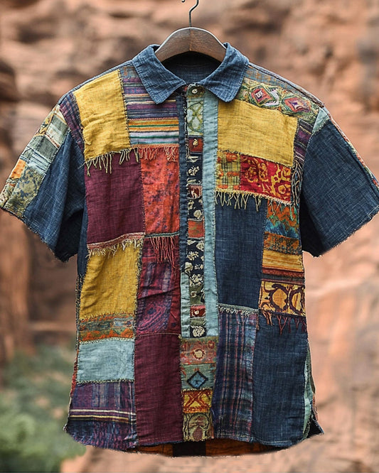 Men's Vintage Spliced ​​​​contrasting Geometric Linen Shirt artswardrobe