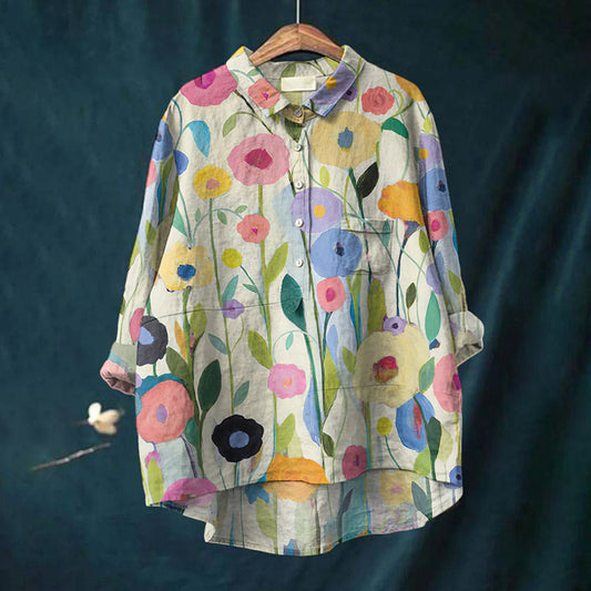 Comstylish Vintage Colorful Flowers Art Print Casual Cotton And Linen Shirt
