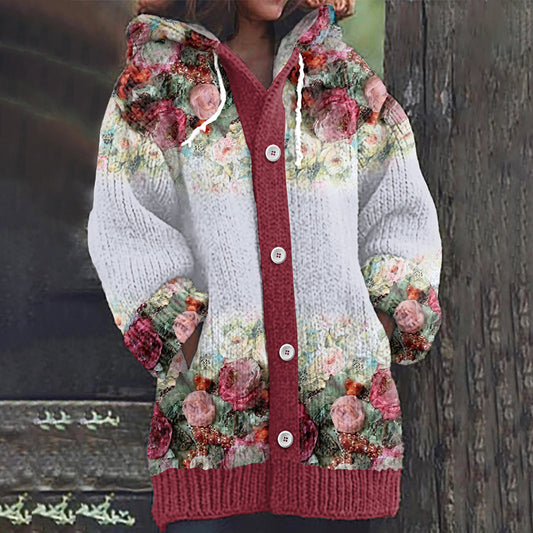 Floral Print Long Sleeve Knitted Hooded Cardigan artswardrobe