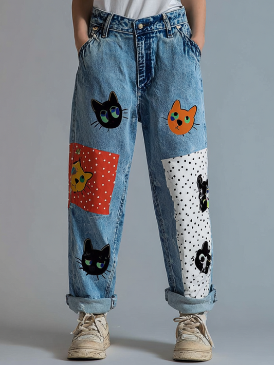 Japanese Art Style Lady Retro Cat Print Denim Jeans elevenforest