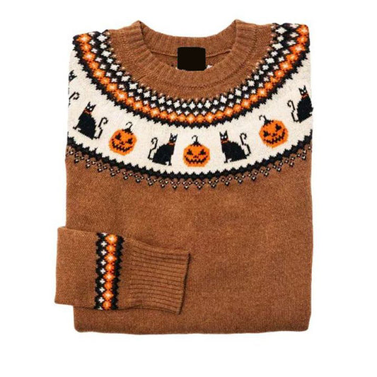 Comstylish Retro Fall Black Cat Pumpkin Halloween Printed Women's Sweater