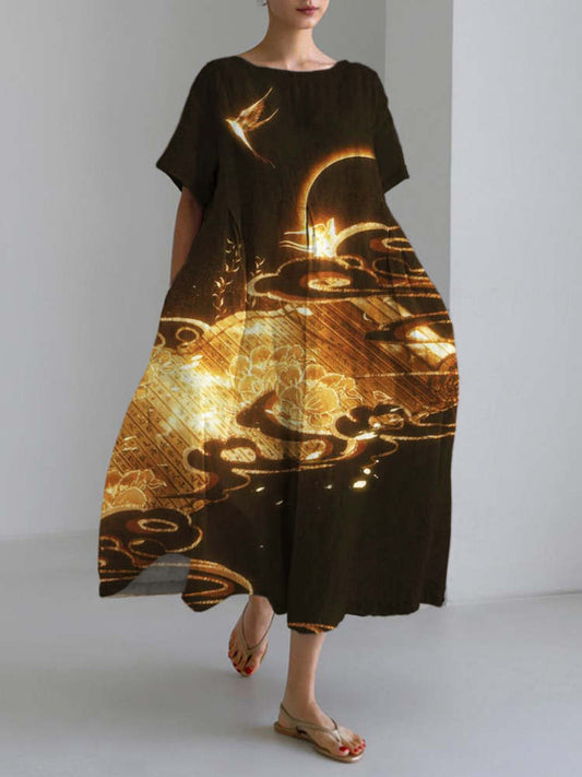 Comstylish Golden Light Auspicious Cloud Print Linen Blend Maxi Dress