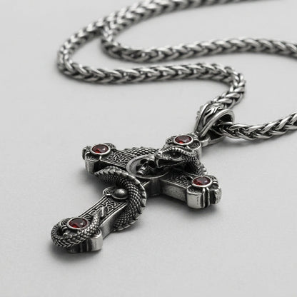 Snake and Skull Cross Necklace with Red Gemstones
