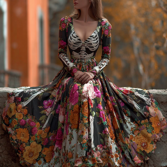 Comstylish Halloween Plant Flower And Skeleton Bone Pattern Combined Design Women Long Cotton And Linen Dress