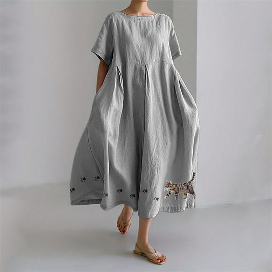 Cat & Paw Prints Embroidered Pleated Linen Blend Maxi Dress elevenforest