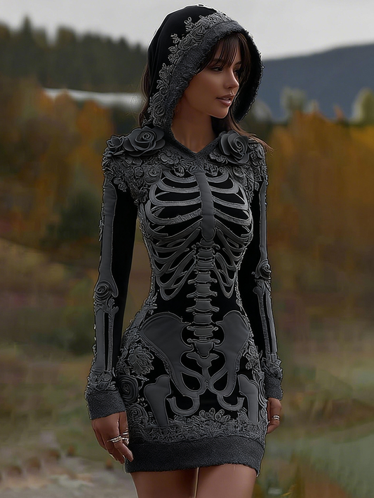 Women's Vintage Halloween Skeleton Bones With Rose Art Cozy Knit Hooded Sweater Dress artswardrobe