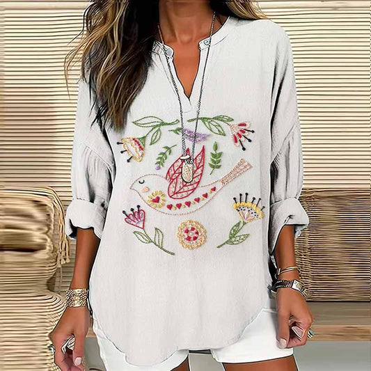 Women's Floral And Bird Art Print Cotton And Linen V-neck Shirt artswardrobe