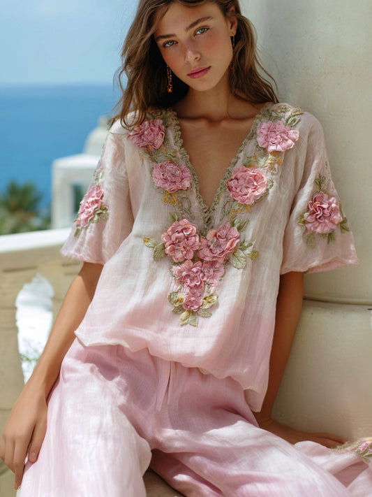 Vintage Pink Rose Embroidered Gradient Linen T Shirt artswardrobe