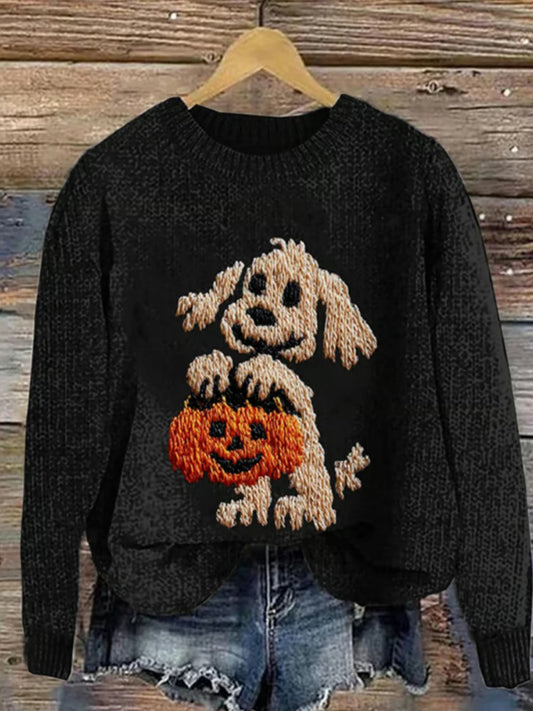 Women's Casual Pumpkin Puppy Sweater artswardrobe