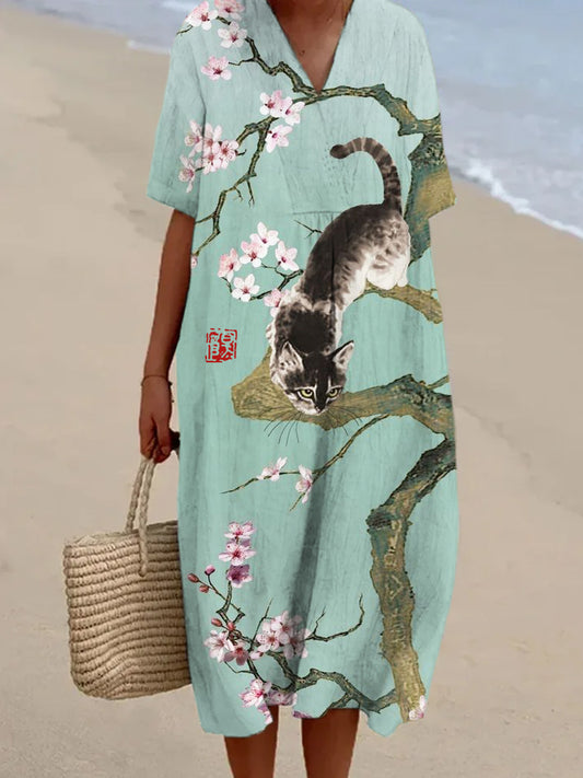 Comstylish Sakura & Cat Japanese Pattern Women's V-neck Short Sleeve Linen Maxi Dress