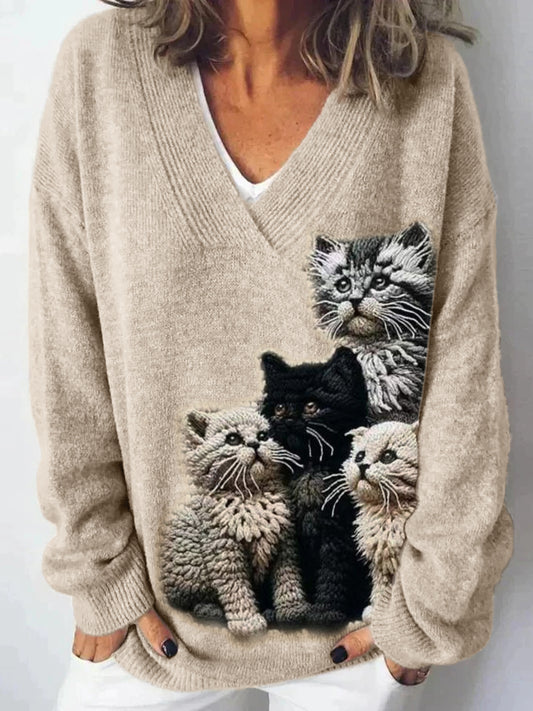 Comstylish Fuzzy Cats Crochet Art V Neck Cozy Knit Sweater