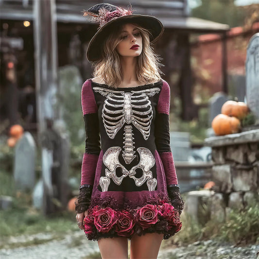 Comstylish Halloween Witch Skeleton & Floral Women's Long-sleeve Mini Dress