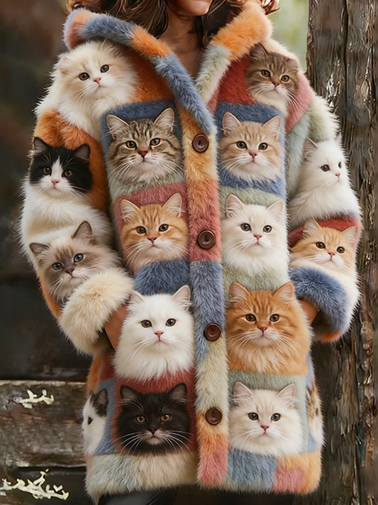 Comstylish Cat Looking Around Long Plush Cardigan