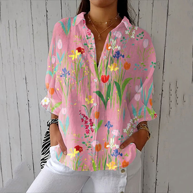 Women's Floral Print Long Sleeve Casual Linen Blend Shirt artswardrobe