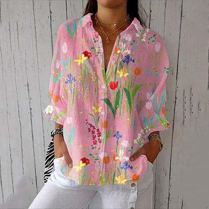 Women's Floral Print Long Sleeve Casual Linen Blend Shirt artswardrobe