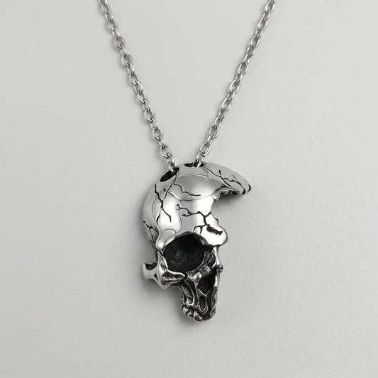 Cracked Moon Skull Pendant Necklace