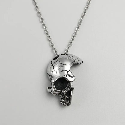 Cracked Moon Skull Pendant Necklace