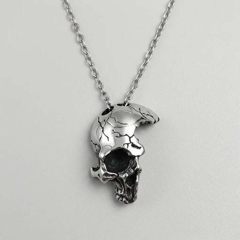 Cracked Moon Skull Pendant Necklace