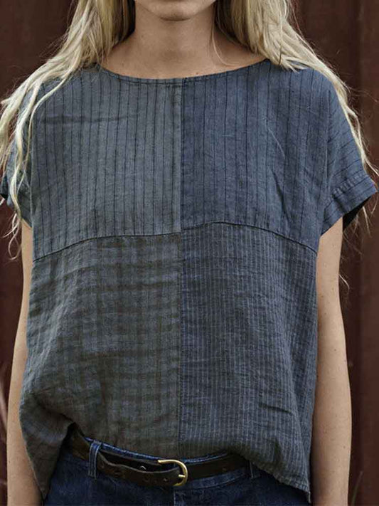 Women's Vintage Striped Linen Blend Crew Neck Shirt artswardrobe