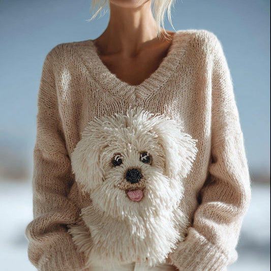 Cute Fuzzy Dog Embroidered V Neck Cozy Sweater artswardrobe