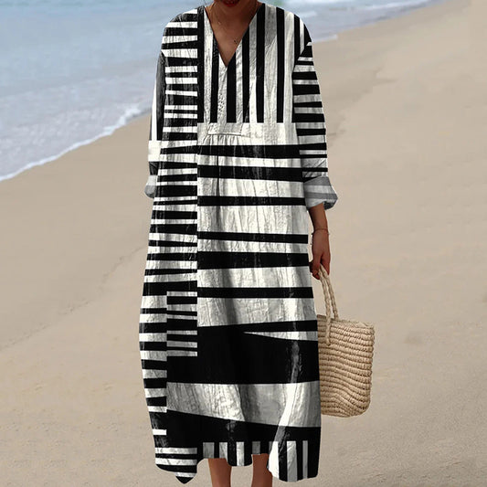 Comstylish Women's Vintage Abstract Geometry Art Print Cotton Dress
