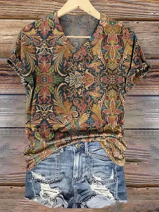 Women's National Totem Printed V-neck Casual T-Shirt