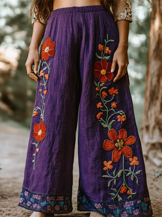 Bohemian Holiday Style Linen Bohemian Floral Print Linen Long Loose Wide-leg Pants artswardrobe