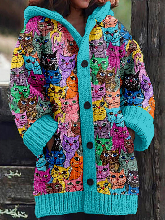 Cute Colorful Cats Graphic Cozy Hooded Cardigan elevenforest