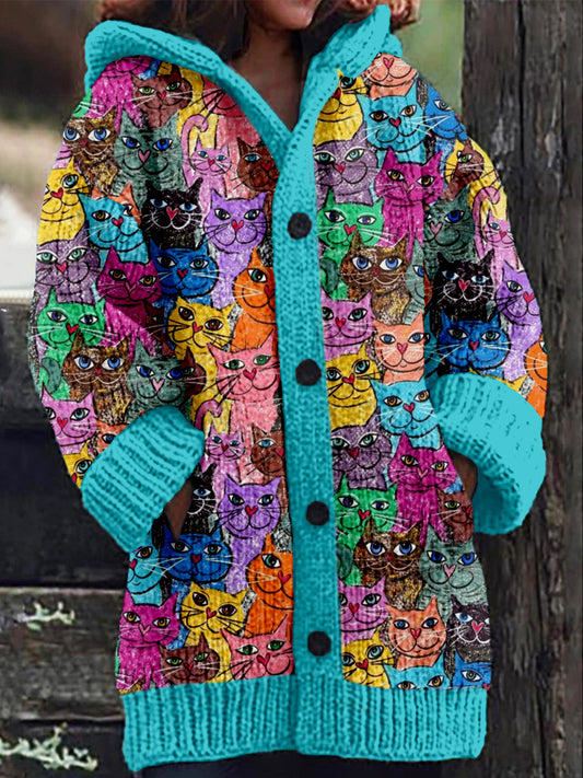 Comstylish Cute Colorful Cats Graphic Cozy Hooded Cardigan