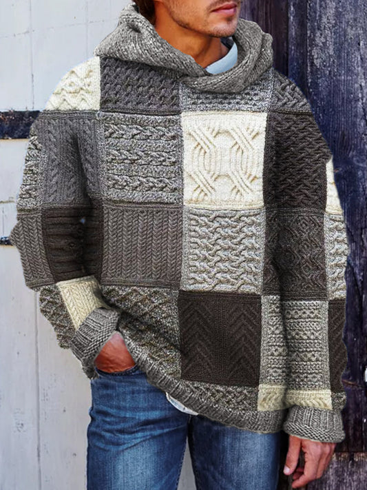 Men's Vintage Afghan Patchwork Cozy Chunky Hooded Sweater elevenforest