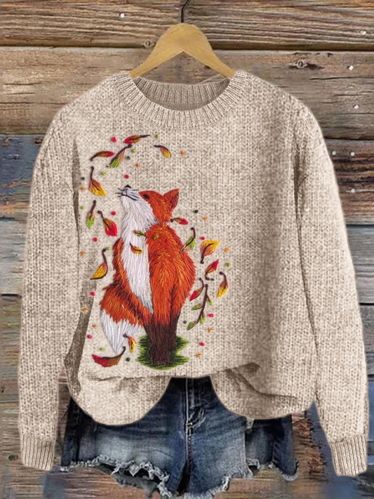 Fox & Falling Leaves Embroidery Art Cozy Knit Sweater artswardrobe