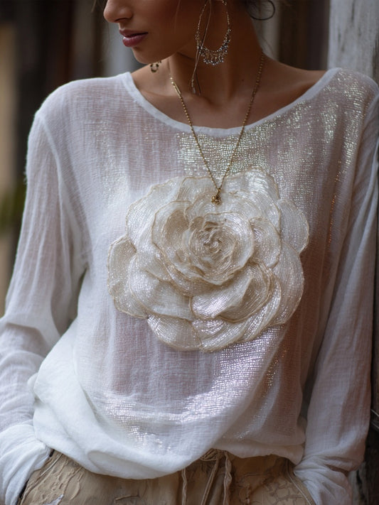 Elegant Glitter White Rose Embroidered Cozy Linen Tunic artswardrobe