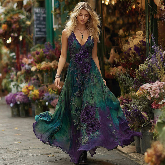 Vintage Purple Floral Embroidered Gradient Art Linen Sleeveless Maxi Dress artswardrobe