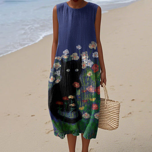 Women's Black Cat In Floral Painting Print Midi Tank Dress elevenforest
